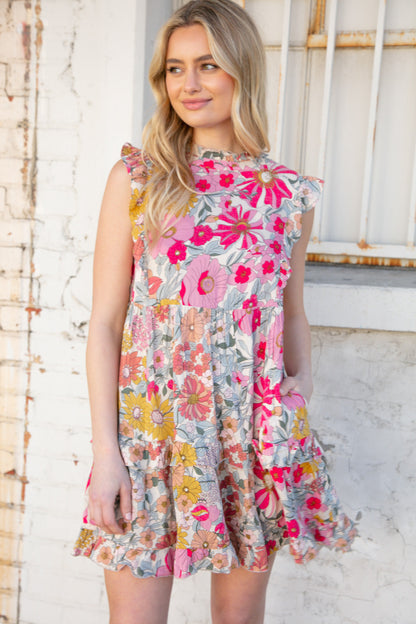 Pink and Sage Floral Tiered Ruffle Cap Sleeve Dress