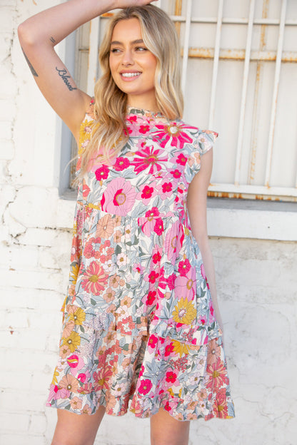 Pink and Sage Floral Tiered Ruffle Cap Sleeve Dress