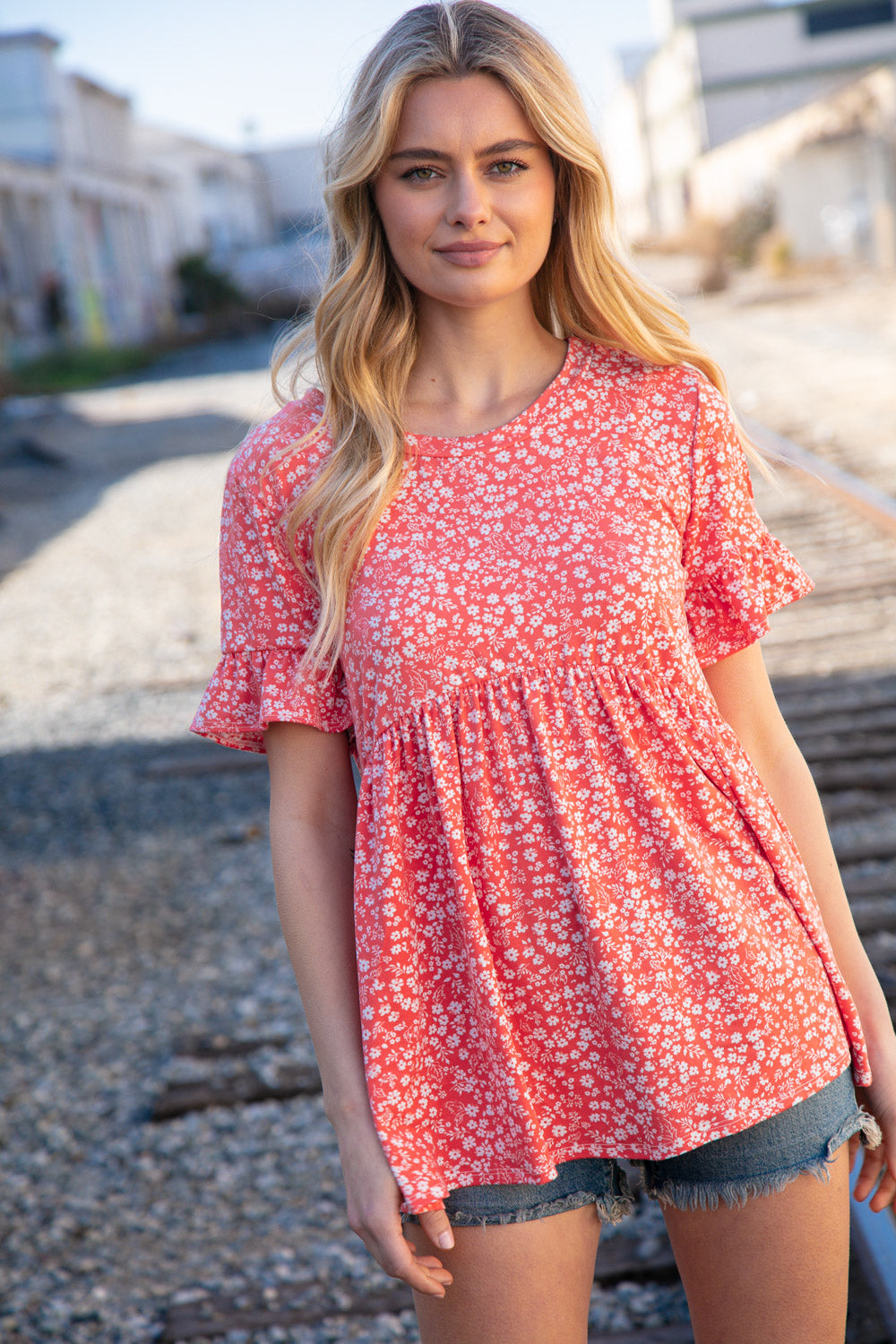 Coral Ditzy Floral Babydoll Short Ruffle Sleeve Top