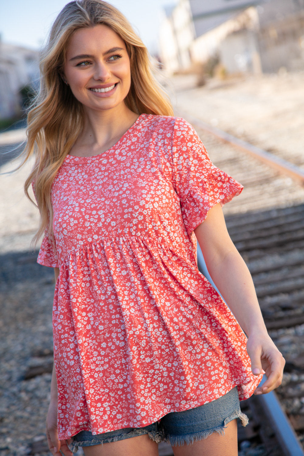 Coral Ditzy Floral Babydoll Short Ruffle Sleeve Top