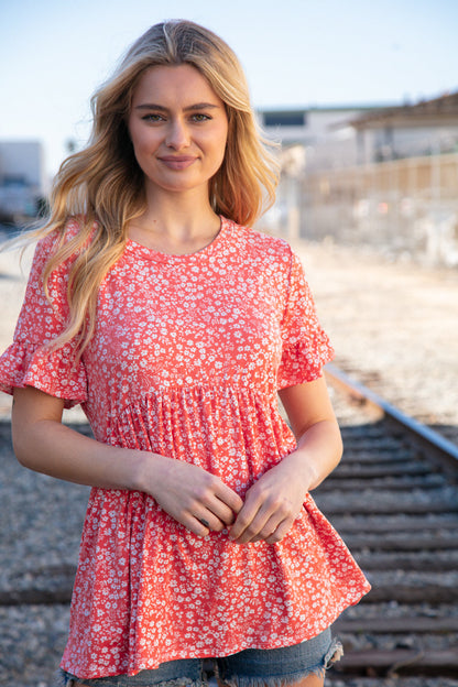 Coral Ditzy Floral Babydoll Short Ruffle Sleeve Top