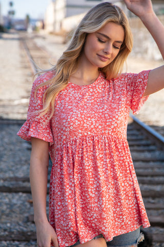 Coral Ditzy Floral Babydoll Short Ruffle Sleeve Top