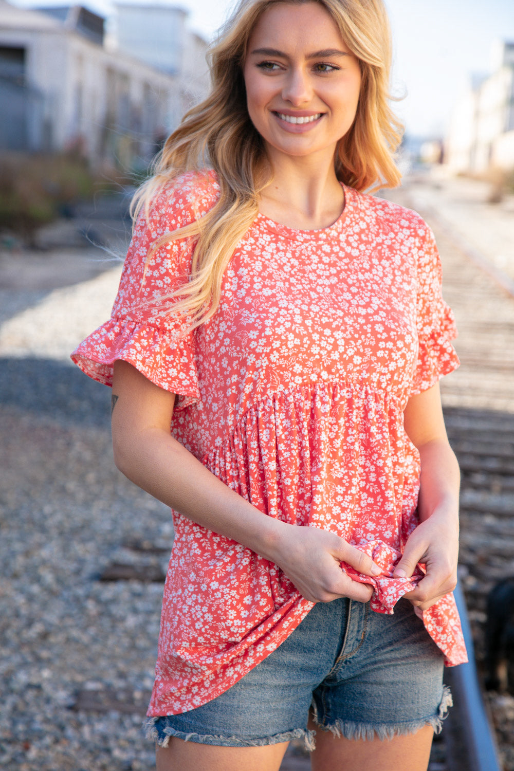 Coral Ditzy Floral Babydoll Short Ruffle Sleeve Top