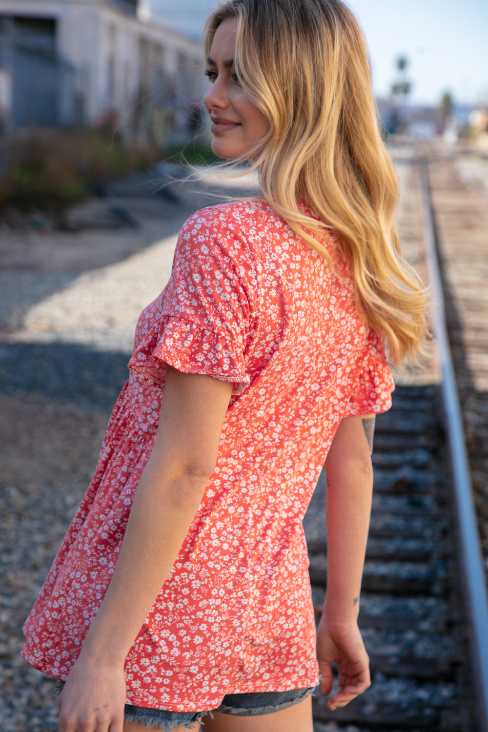 Coral Ditzy Floral Babydoll Short Ruffle Sleeve Top