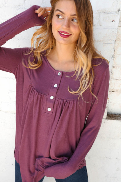 Sugar Plum Henley Button Neck Shirring Top