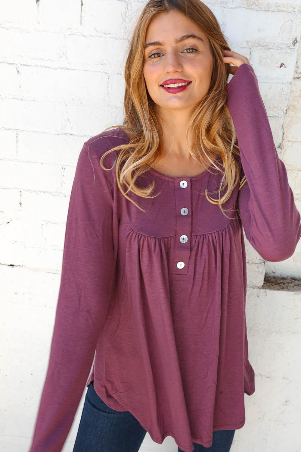 Sugar Plum Henley Button Neck Shirring Top