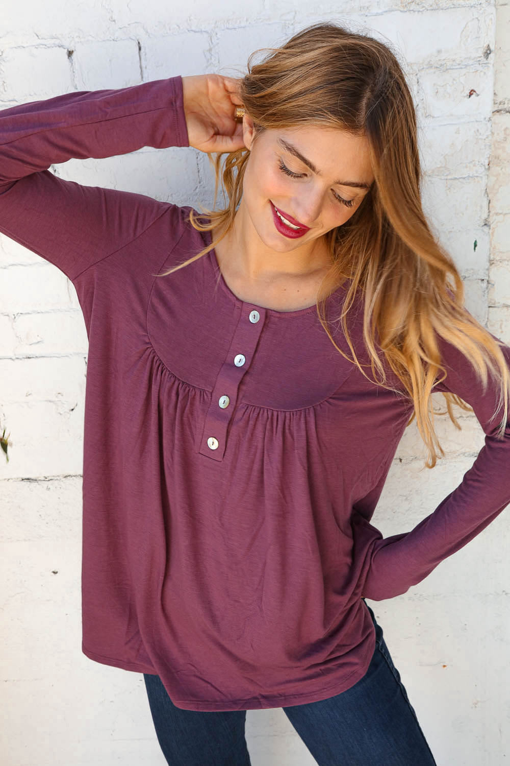 Sugar Plum Henley Button Neck Shirring Top