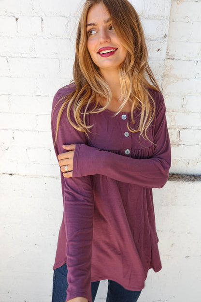 Sugar Plum Henley Button Neck Shirring Top