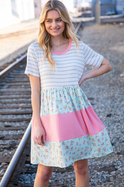 Floral and Stripe Color Block Fit and Flare Rib Dress