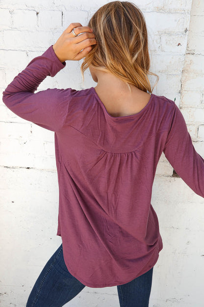 Sugar Plum Henley Button Neck Shirring Top