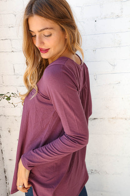 Sugar Plum Henley Button Neck Shirring Top