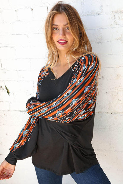 Aztec Color Block V Neck Dolman Knit Top