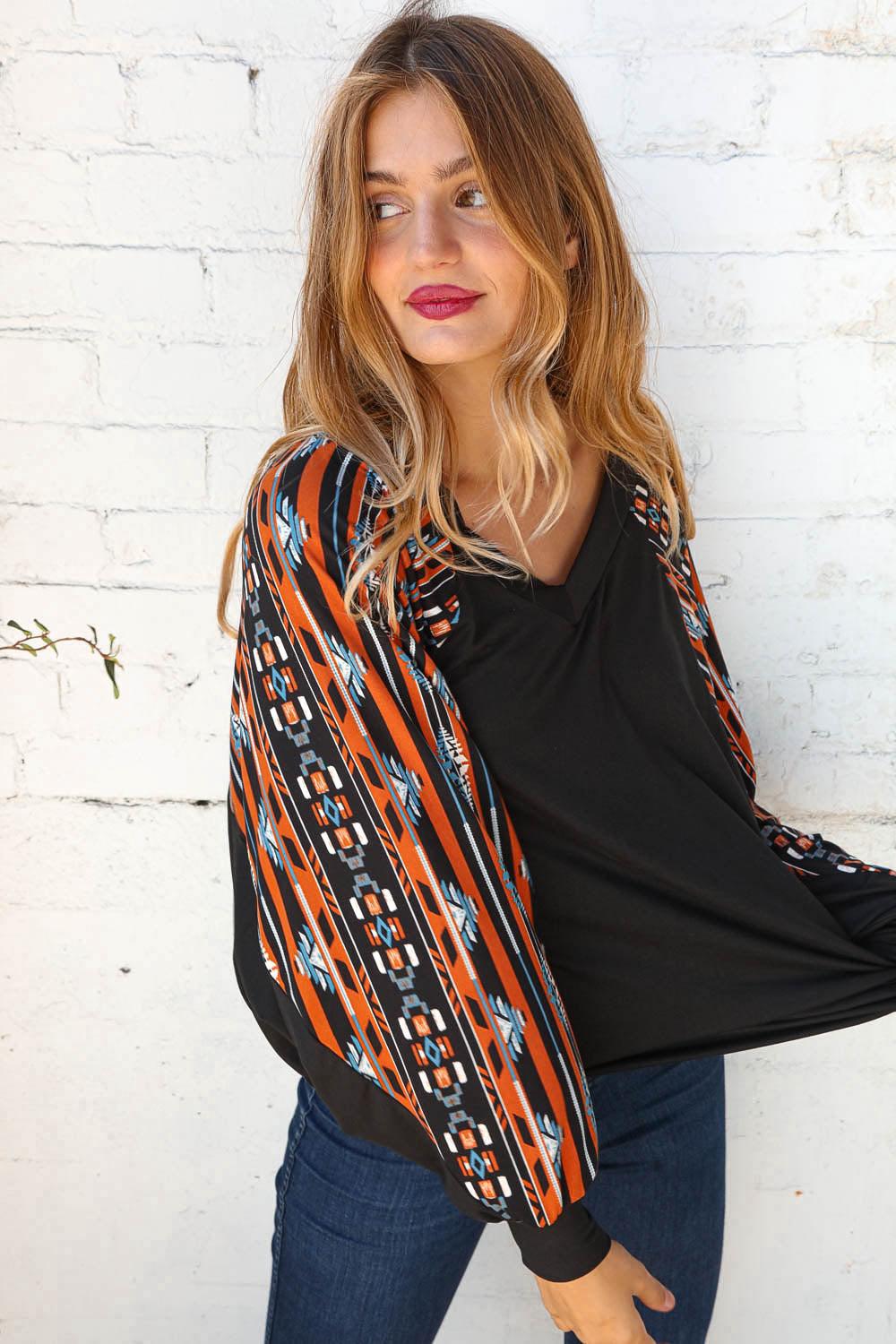 Aztec Color Block V Neck Dolman Knit Top