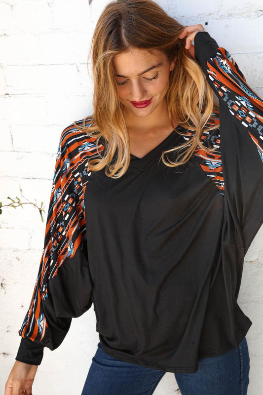 Aztec Color Block V Neck Dolman Knit Top