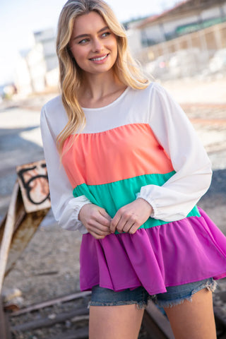 Ivory & Peach Woven Crepe Tiered Blouse