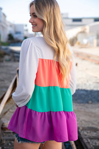 Ivory & Peach Woven Crepe Tiered Blouse