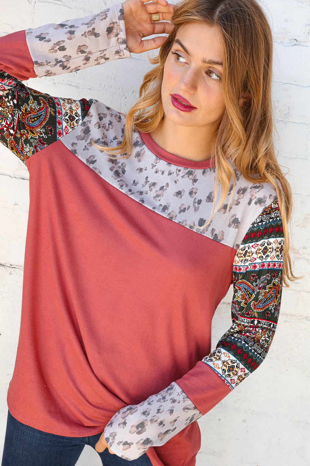 Ethnic Leopard Print Rib Color Block Top