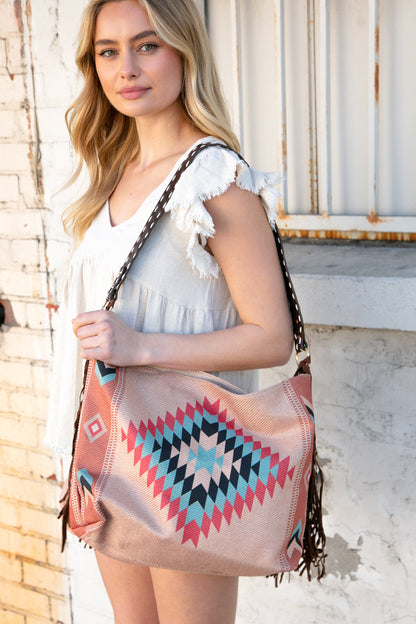 Weekender Coral Aztec Tweed Tassel Strap Tote