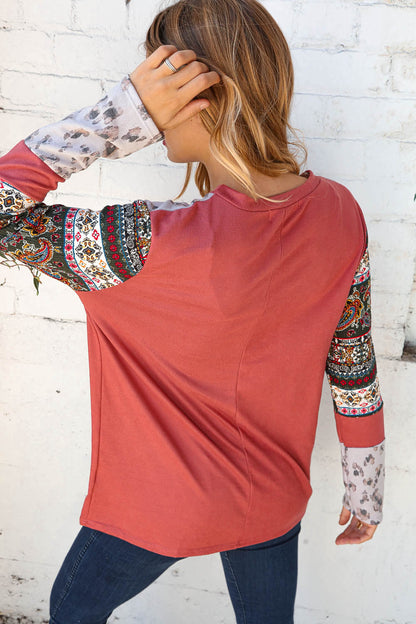 Ethnic Leopard Print Rib Color Block Top