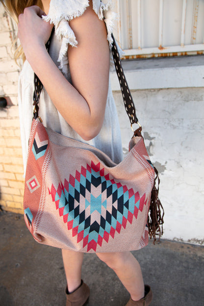 Weekender Coral Aztec Tweed Tassel Strap Tote