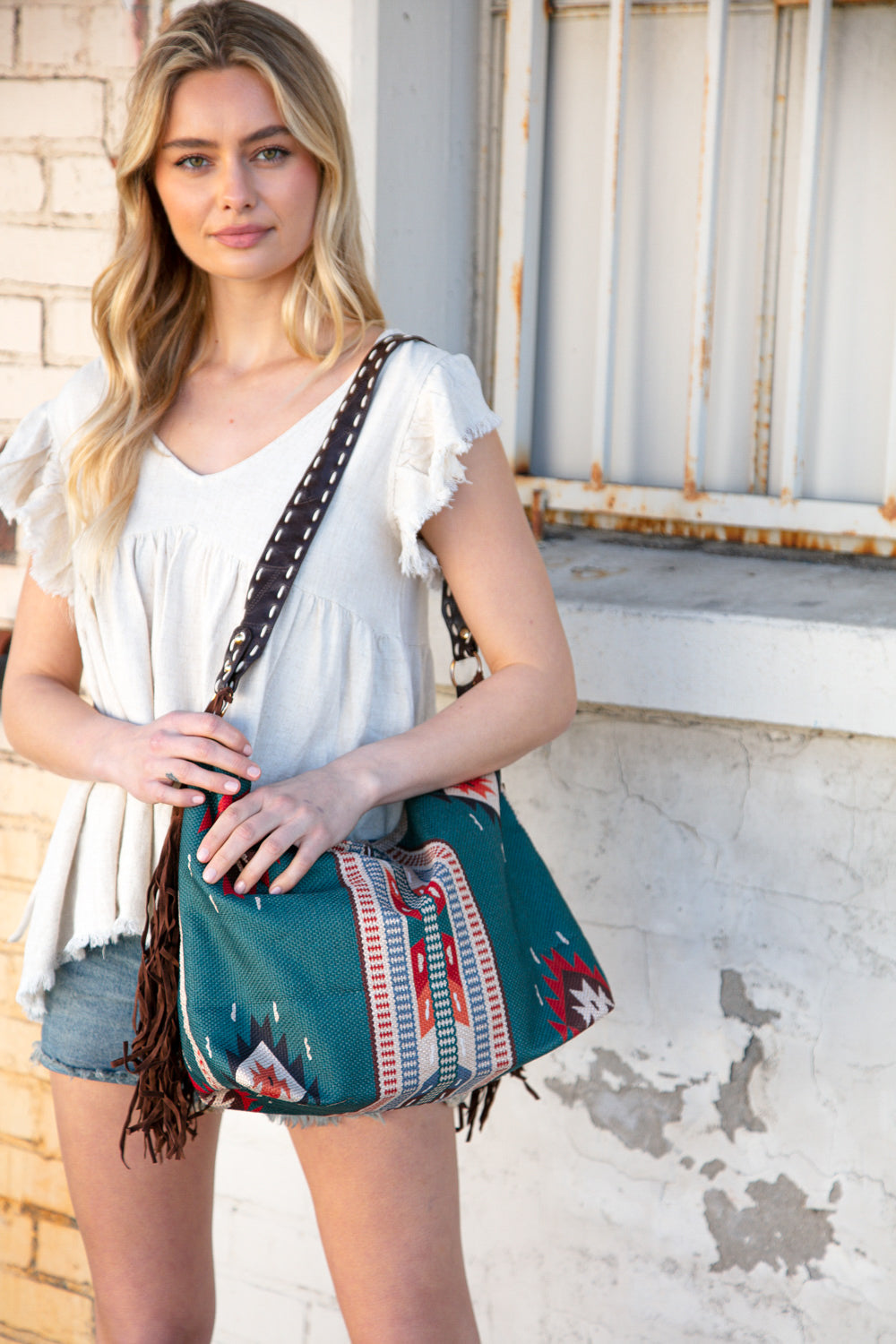 Weekender Sapphire Aztec Tweed Tassel Strap Tote