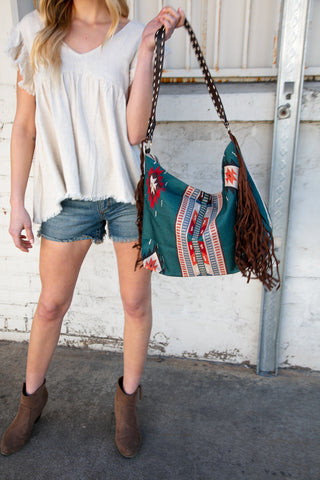 Weekender Sapphire Aztec Tweed Tassel Strap Tote