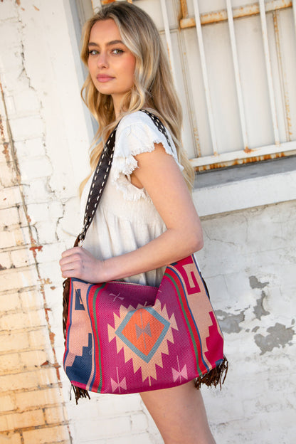 Weekender Magenta Aztec Tweed Tassel Strap Tote