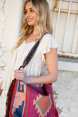 Weekender Magenta Aztec Tweed Tassel Strap Tote