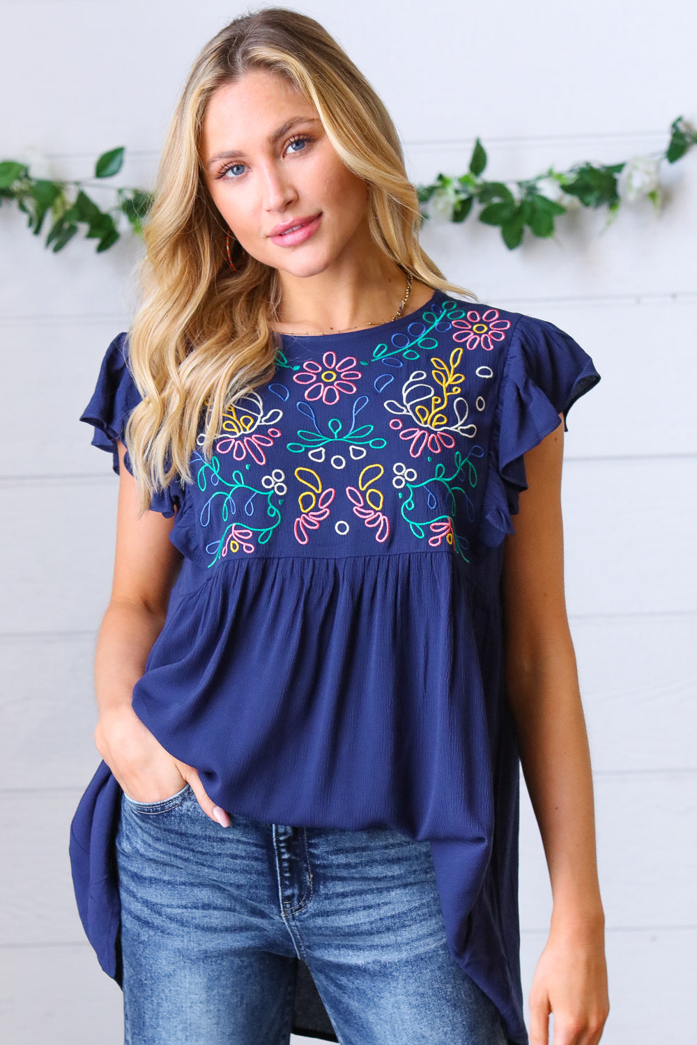 Navy Floral Embroidered Flutter Sleeve Top