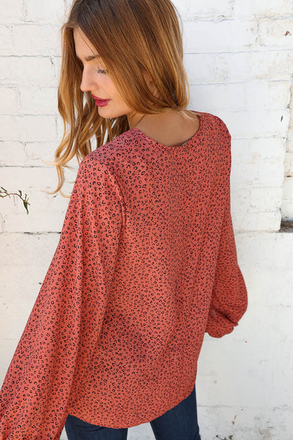 Leopard Wool dobby Bubble Sleeve Woven Top