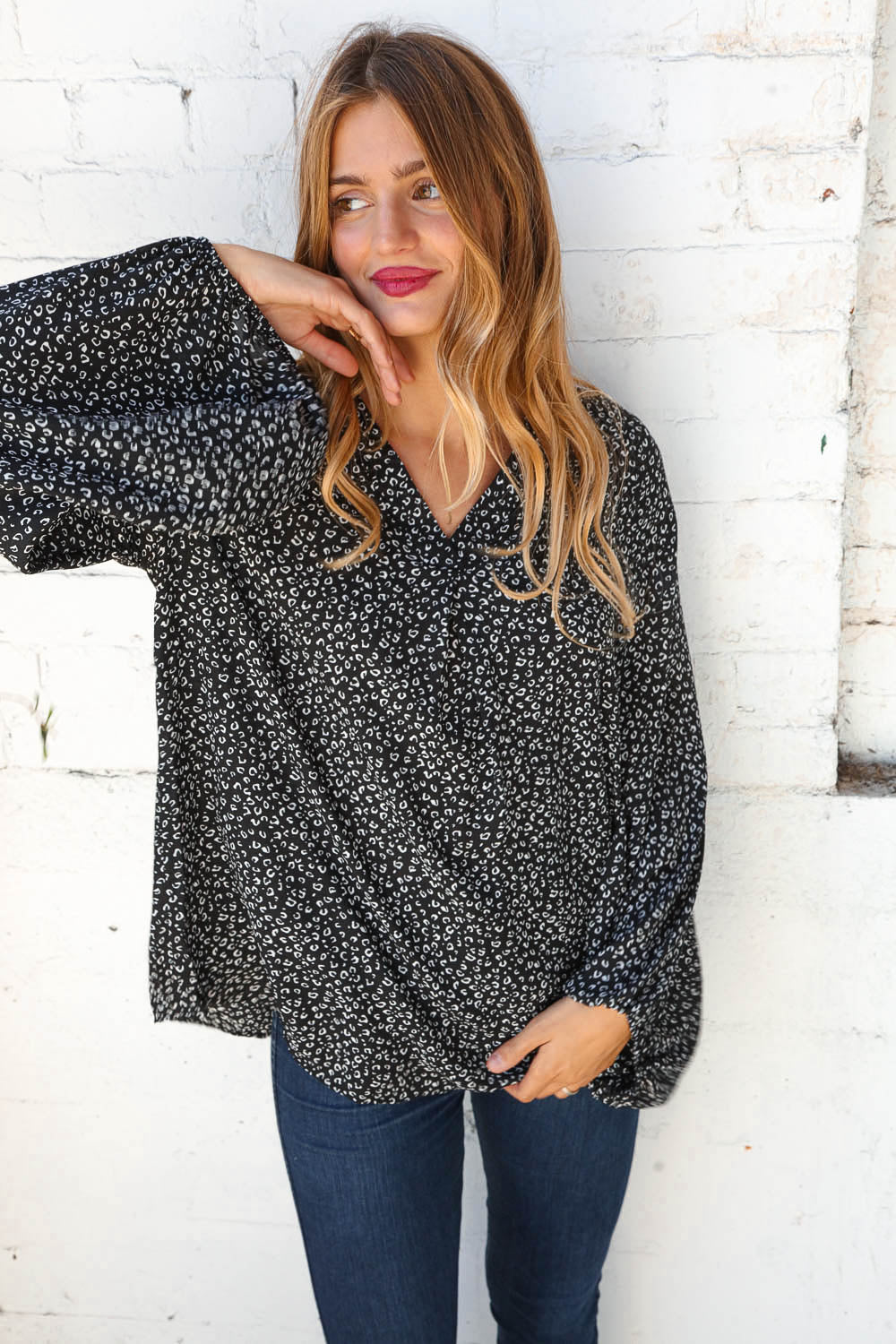 Black Leopard Wool dobby Bubble Sleeve Woven Top