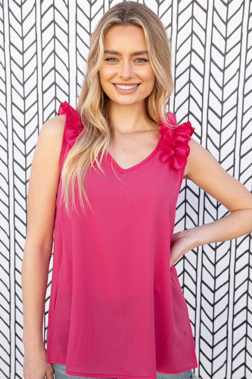 Fuchsia Frill Shoulder Sleeveless Crepe Woven Top