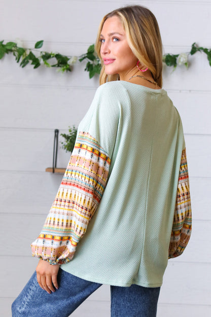 Sage Boho Print Challis Drop Sleeve Top