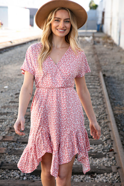 Coral Ditzy Floral Surplice Elastic Waist Dress