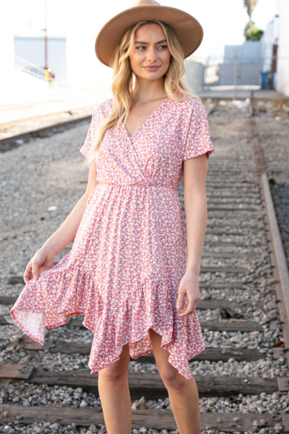 Coral Ditzy Floral Surplice Elastic Waist Dress