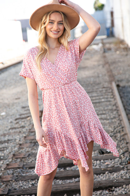 Coral Ditzy Floral Surplice Elastic Waist Dress