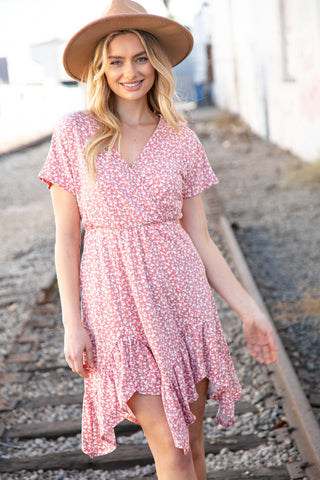 Coral Ditzy Floral Surplice Elastic Waist Dress