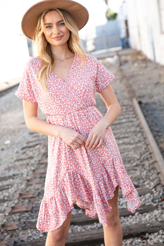 Coral Ditzy Floral Surplice Elastic Waist Dress