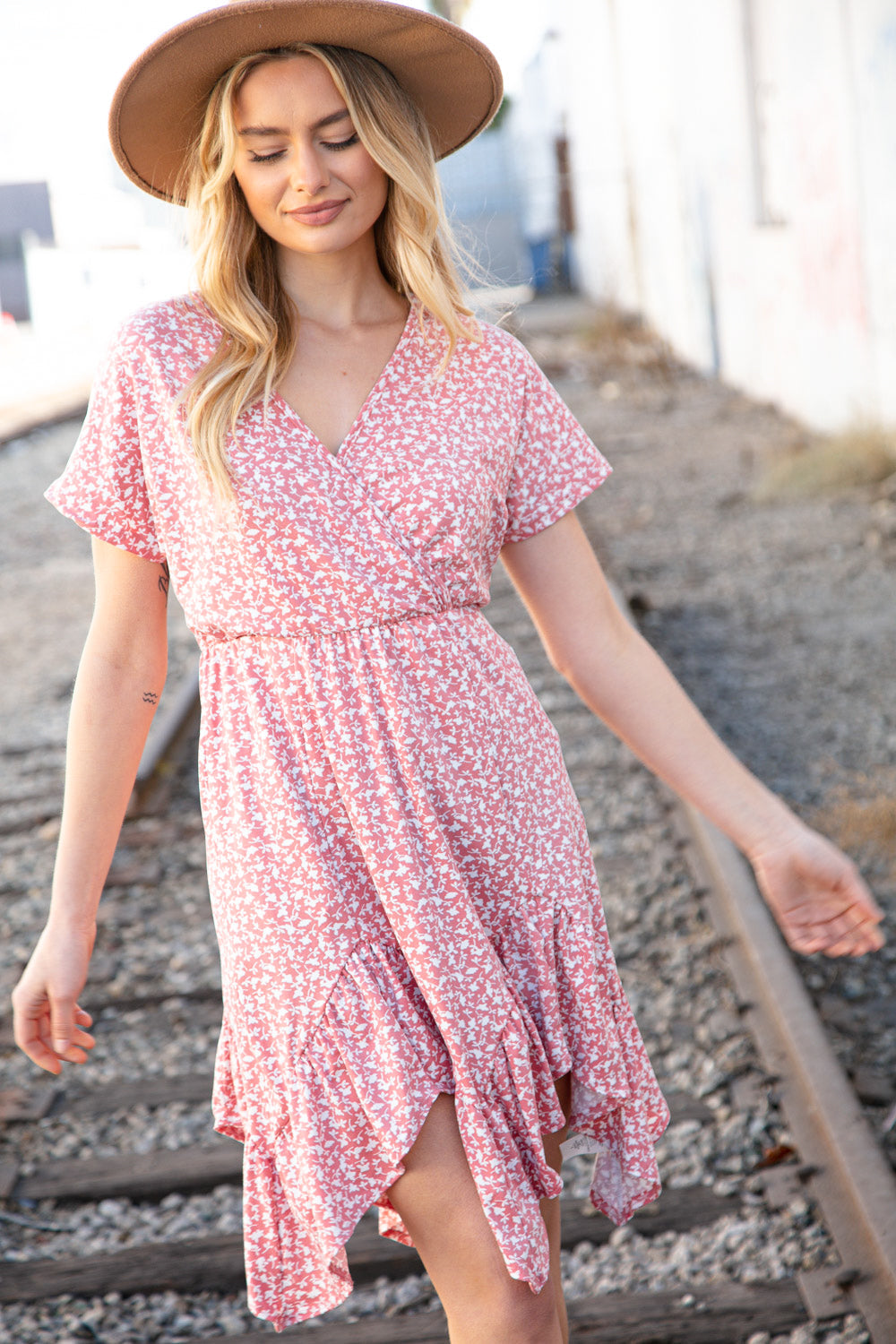 Coral Ditzy Floral Surplice Elastic Waist Dress