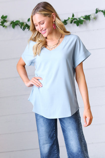 Ash Blue Wool Dobby Rolled Sleeve V Neck Top