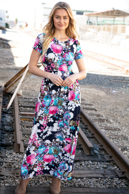 Navy Floral Fit and Flare Maxi Pocketed Dress