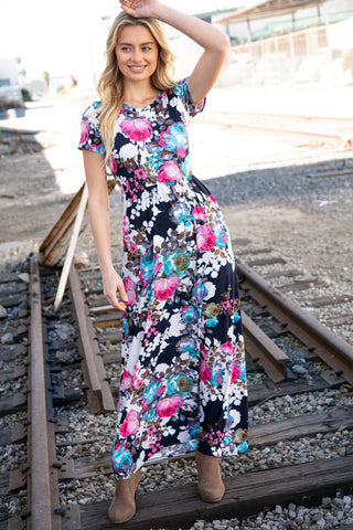 Navy Floral Fit and Flare Maxi Pocketed Dress