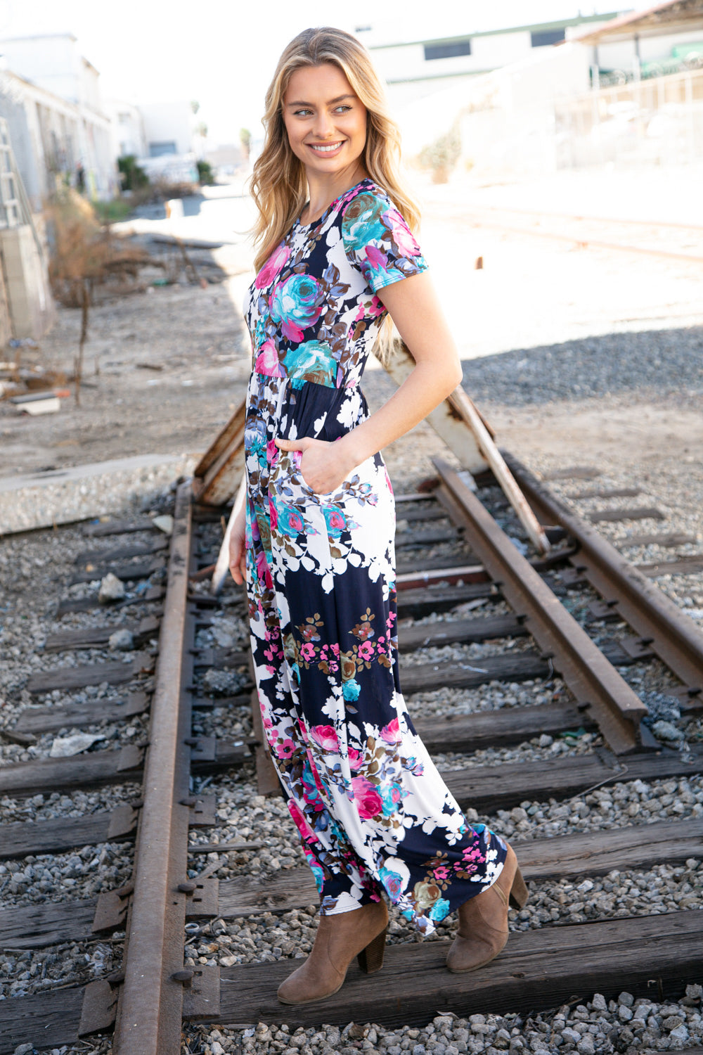 Navy Floral Fit and Flare Maxi Pocketed Dress