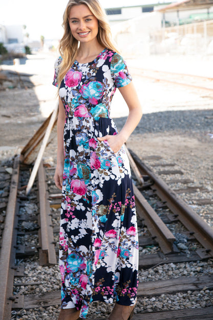 Navy Floral Fit and Flare Maxi Pocketed Dress