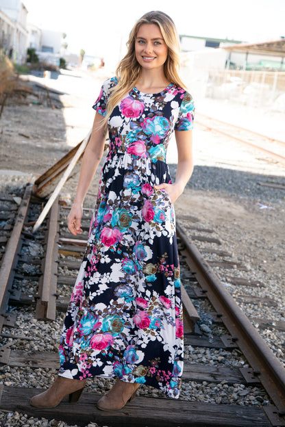 Navy Floral Fit and Flare Maxi Pocketed Dress