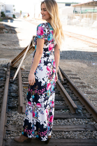 Navy Floral Fit and Flare Maxi Pocketed Dress