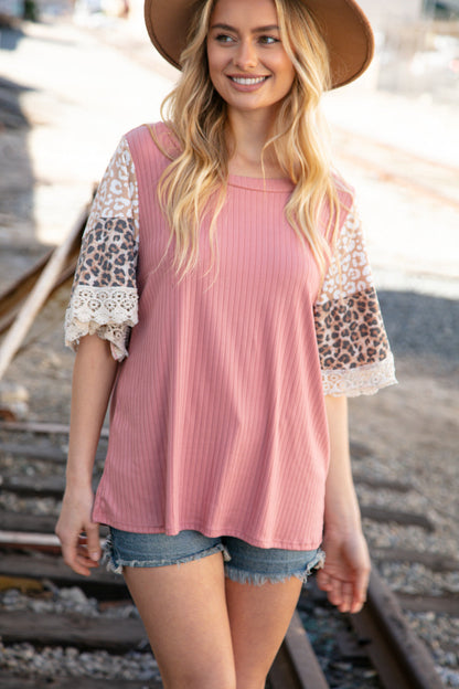 Rose Rib Leopard Print Bell Sleeve Crochet Top