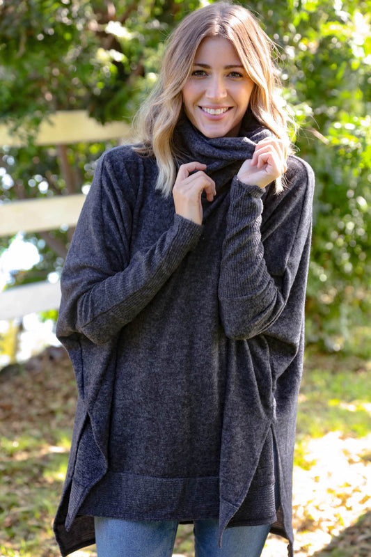 Charcoal Brushed Melange Cowl Neck Poncho Sweater