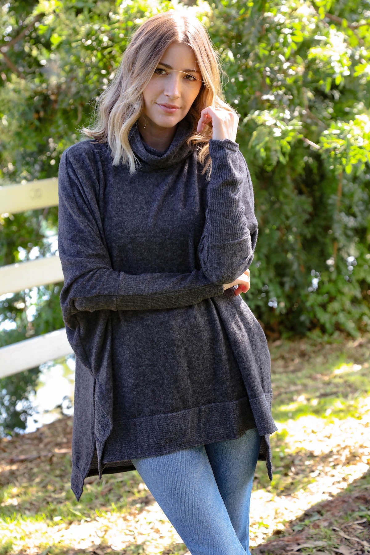 Charcoal Brushed Melange Cowl Neck Poncho Sweater