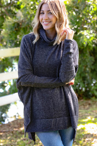 Charcoal Brushed Melange Cowl Neck Poncho Sweater